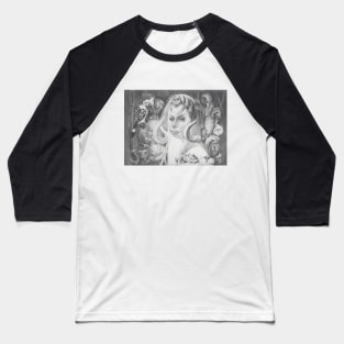 Enchanting Forest Goddess with Horns - Mystical Pencil Art Baseball T-Shirt